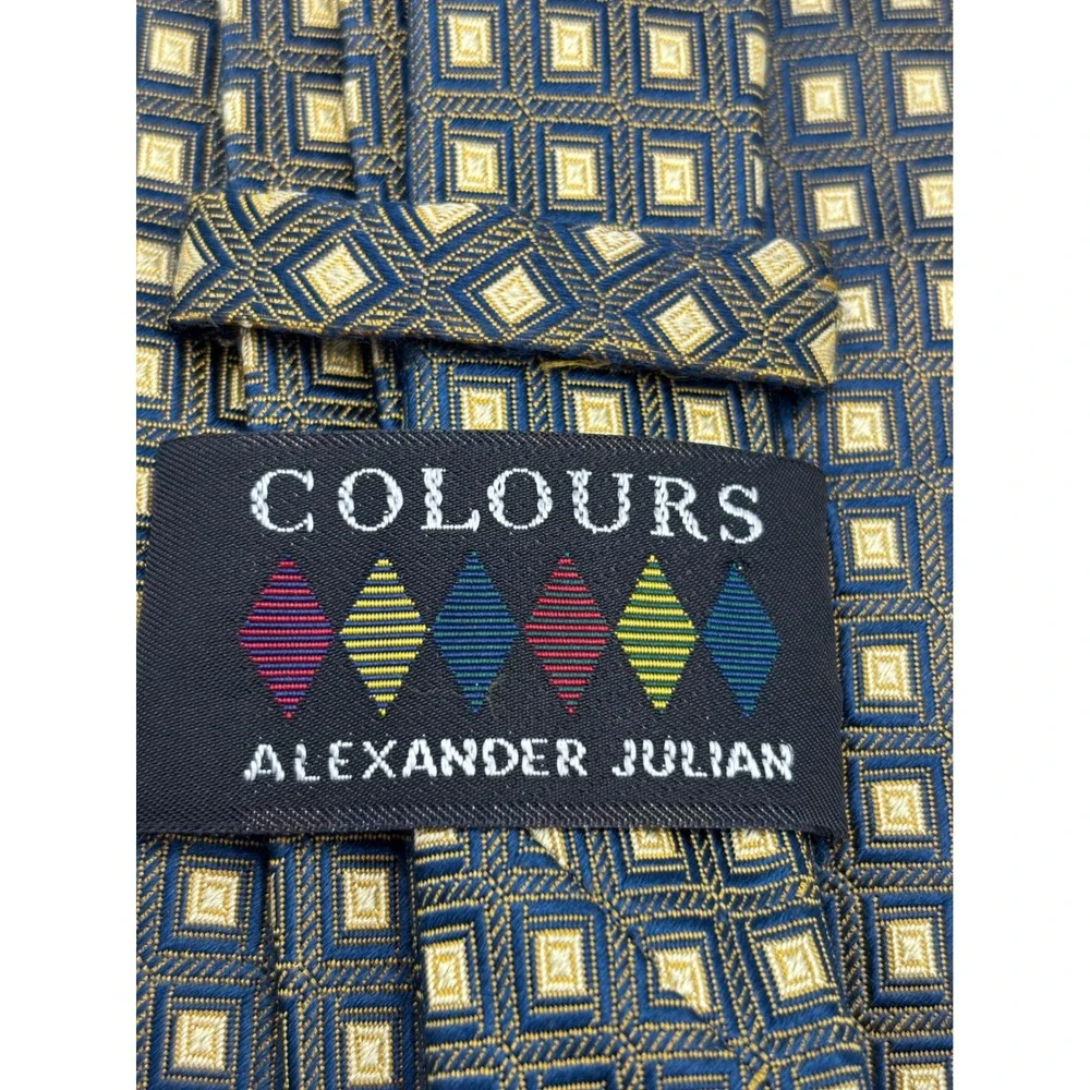 Alexander Julian Colours 100% Silk Necktie Blue Gold Geometric Square Pattern